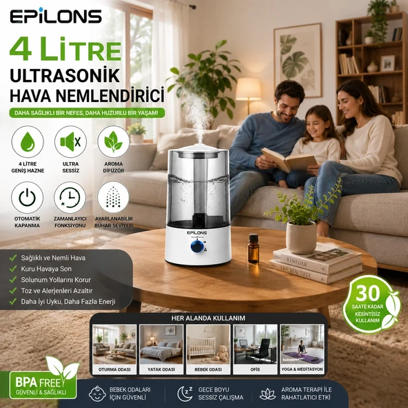 Rbh-04 Ultrasonik Hava Nemlendirici 4 Litre Buhar Makinesi Aroma Difüzörü - Otomatik Kapanma ürün görseli 1
