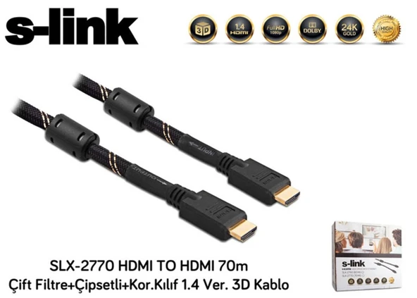 S-link SLX-2770 HDMI TO HDMI 70m Çift Filtre+Çipsetli+Kor.Kılıf 1.4 Ver. 3D Kablo ürün görseli 1