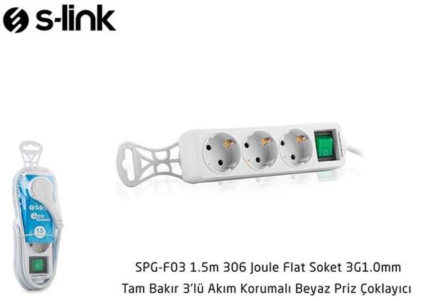 S-link SPG-F03 1.5m 306 Joule Flat Soket 3G1.0mm Tam Bakır 3 lü Akım Korumalı Priz Çoklayıcı ürün görseli 1