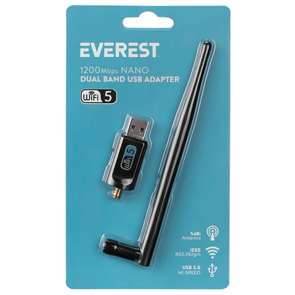 Everest EWN-AC1200 2T2R 1200Mbps 2.4GHz-5GHz Wifi USB3.0 Kablosuz Adaptör ürün görseli 1