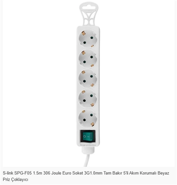 S-link SPG-F05 1.5m 306 Joule Euro Soket 3G1.0mm Tam Bakır 5li Akım Korumalı Beyaz Priz Çoklayıcı ürün görseli 1