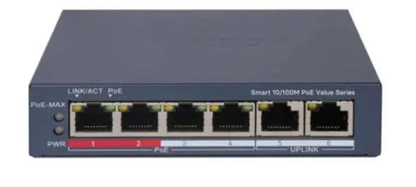 Hikvision DS-3E1106P-EI-M 4 Port PoE 10-100 2-Uplınk Yönetilemez Switch ürün görseli 1
