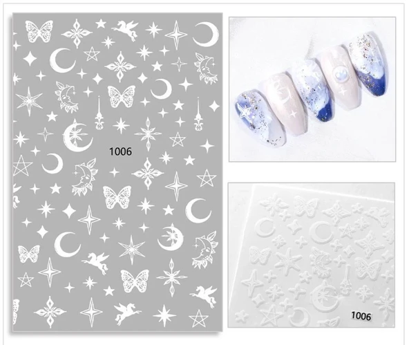 Beyaz Ay Yıldız Kelebek Dizayn Tırnak Sticker Tırnak Etiketi Nail Art JO-1006 ürün görseli 1