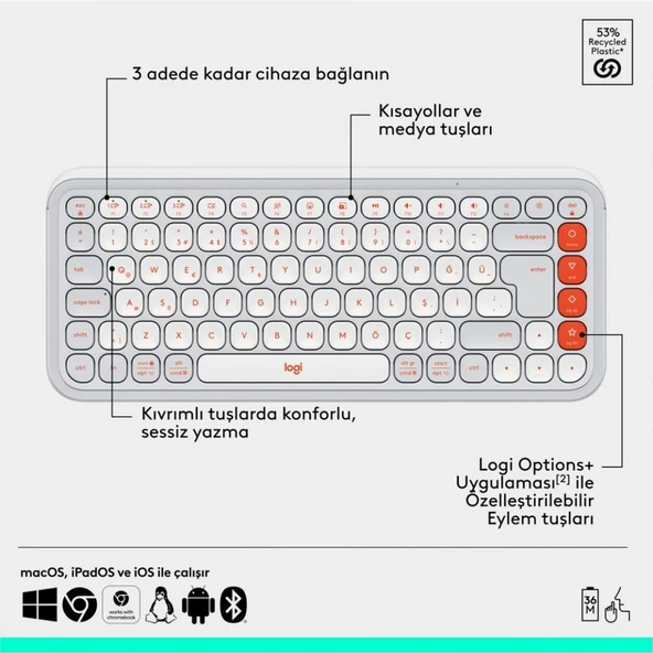 Logitech Pop Icon Combo 920-013076 Beyaz Kablosuz Klavye Mouse Seti - Resim 2
