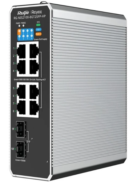 Ruijie RG-NIS2100-8GT2SFP-HP 8x10-100-1000 PoE+2xSFP Port IP40 Harici Güç Kaynağı Endüstriyel Switch ürün görseli 1