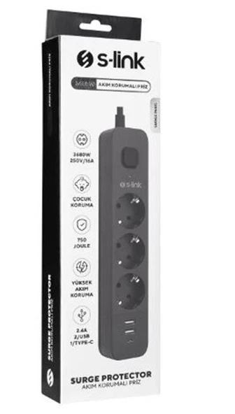 S-link SPG03U  5V2.4A 1.5m 3x1.00mm 100 yüzde  Bakır 750 Joule 3 lü Anahtarlı Akım Korumalı Siyah Priz ürün görseli 1