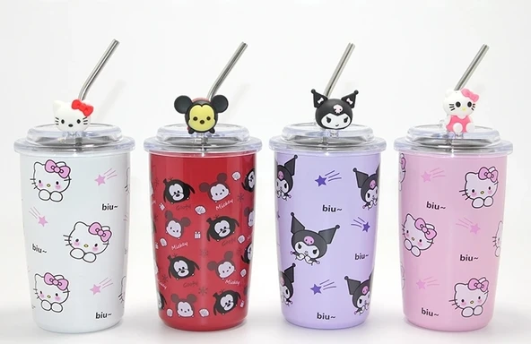Sanrio Hello Kitty & Kuromi Figürlü Isı Muhafazalı Metal Pipetli Çelik Kupa Alk4428 ürün görseli 1