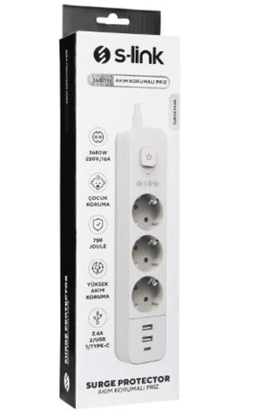 S-link SPG03TC 5V2.4A 1.5m 3x1.00mm 100 yüzde  Bakır 750 Joule 3 lü Anahtarlı Akım Korumalı Beyaz Priz ürün görseli 1