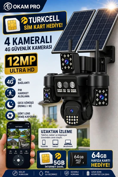 O-KAM OK332 64GB Premium Serisi 12MP 4 Kameralı 4G Çift Solar Panel Gece Görüş Turkcell Sim Kart ürün görseli 1