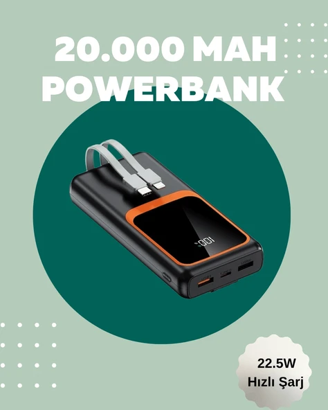 Dijital Ekranlı 20.000 Mah Powerbank | 22.5w Hızlı Şarj + Çoklu Bağlantı Seçeneği ürün görseli 1