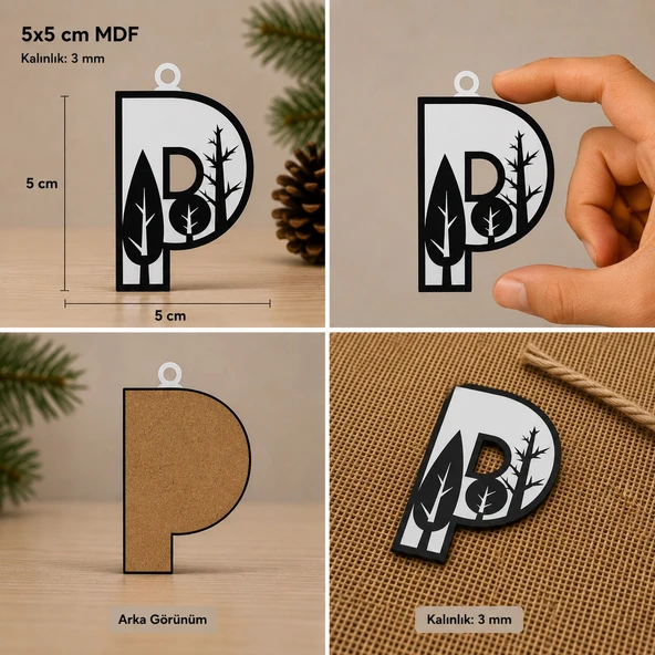 P Harf Yılbaşı Süsü – MDF Çam Ağacı Desenli Asılabilir Dekor (5x5 cm) ürün görseli 1