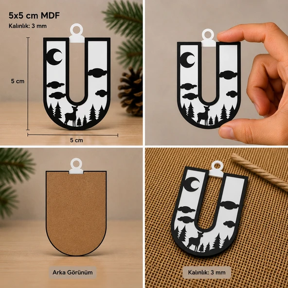 U Harf Yılbaşı Süsü – MDF Çam Ağacı Desenli Asılabilir Dekor (5x5 cm) ürün görseli 1