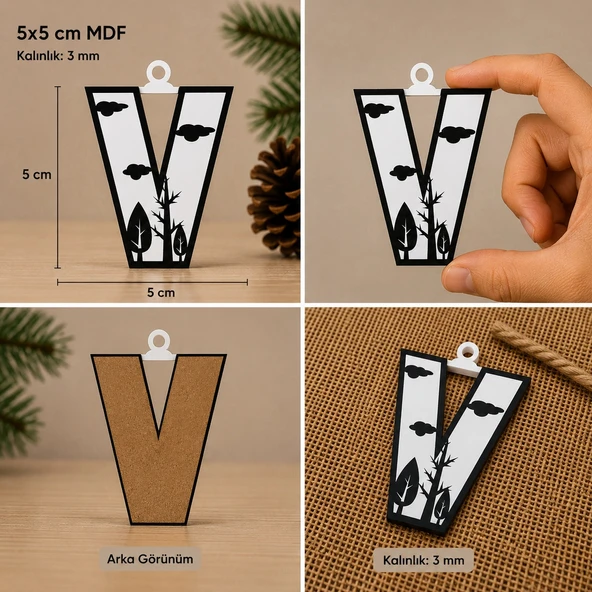 V Harf Yılbaşı Süsü – MDF Çam Ağacı Desenli Asılabilir Dekor (5x5 cm) ürün görseli 1