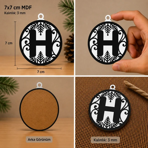 H Harf Yılbaşı Süsü – MDF Çam Ağacı Desenli Asılabilir Dekor (7x7 cm) ürün görseli 1