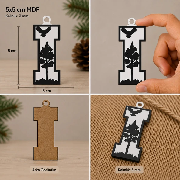 I Harf Yılbaşı Süsü – MDF Çam Ağacı Desenli Asılabilir Dekor (5x5 cm) ürün görseli 1