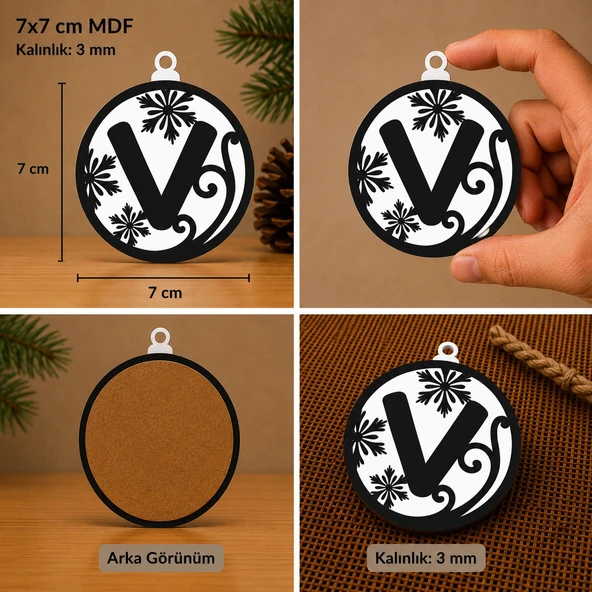 V Harf Yılbaşı Süsü – MDF Çam Ağacı Desenli Asılabilir Dekor (7x7 cm) ürün görseli 1