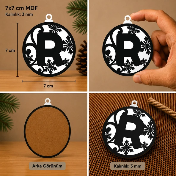 R Harf Yılbaşı Süsü – MDF Çam Ağacı Desenli Asılabilir Dekor (7x7 cm) ürün görseli 1