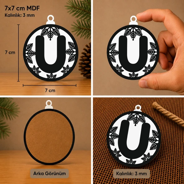 U Harf Yılbaşı Süsü – MDF Çam Ağacı Desenli Asılabilir Dekor (7x7 cm) ürün görseli 1