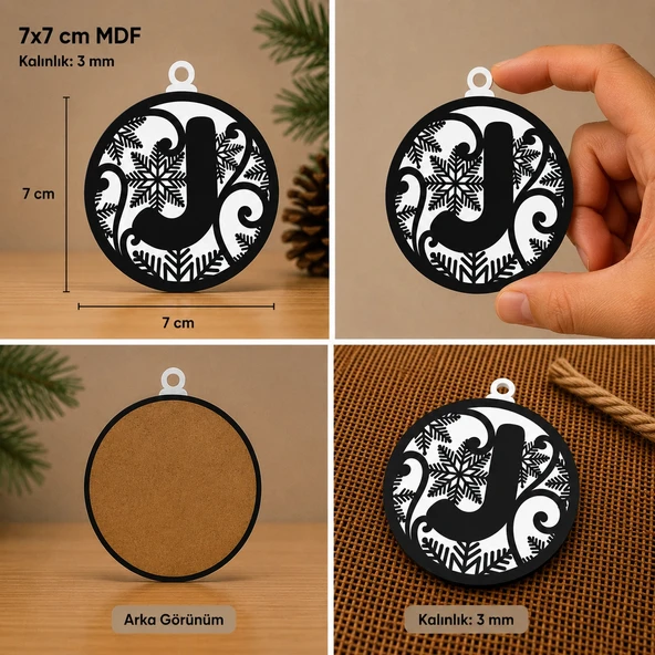 J Harf Yılbaşı Süsü – MDF Çam Ağacı Desenli Asılabilir Dekor (7x7 cm) ürün görseli 1
