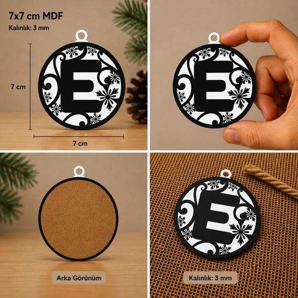 E Harf Yılbaşı Süsü – MDF Çam Ağacı Desenli Asılabilir Dekor (7x7 cm) ürün görseli 1