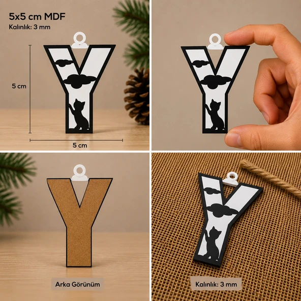 Y Harf Yılbaşı Süsü – MDF Çam Ağacı Desenli Asılabilir Dekor (5x5 cm) ürün görseli 1