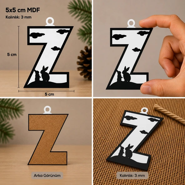 Z Harf Yılbaşı Süsü – MDF Çam Ağacı Desenli Asılabilir Dekor (5x5 cm) ürün görseli 1