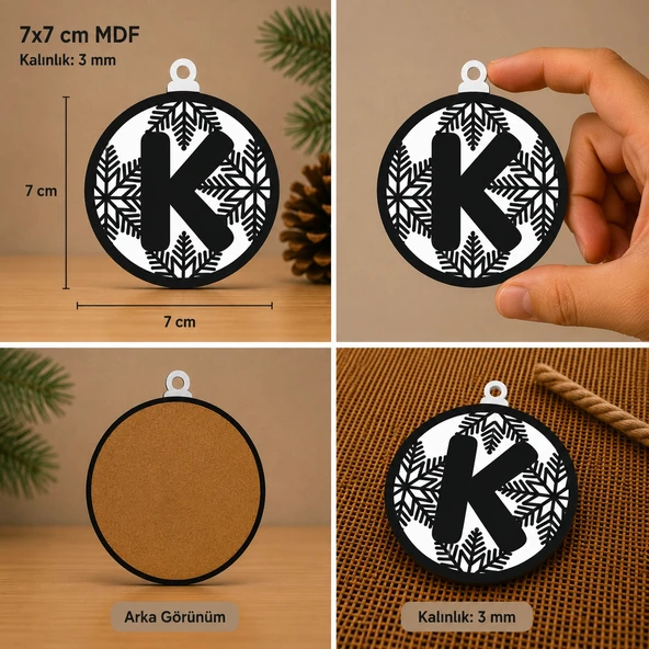K Harf Yılbaşı Süsü – MDF Çam Ağacı Desenli Asılabilir Dekor (7x7 cm) ürün görseli 1