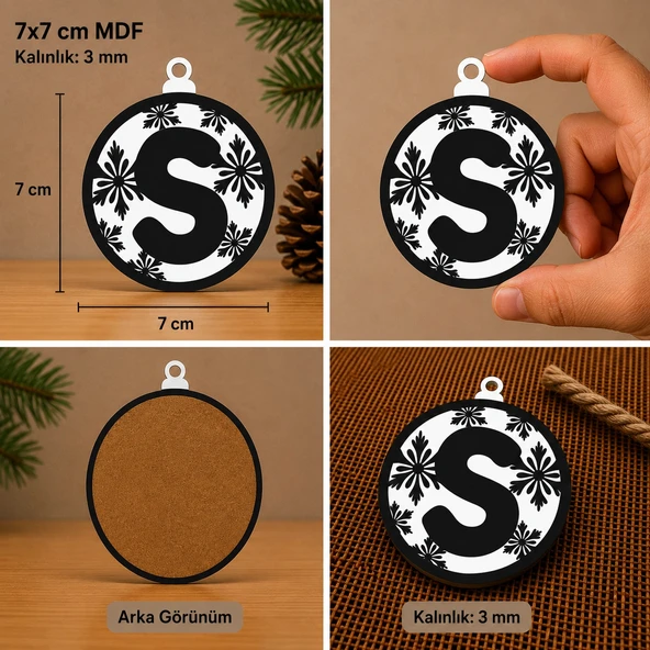 S Harf Yılbaşı Süsü – MDF Çam Ağacı Desenli Asılabilir Dekor (7x7 cm) ürün görseli 1