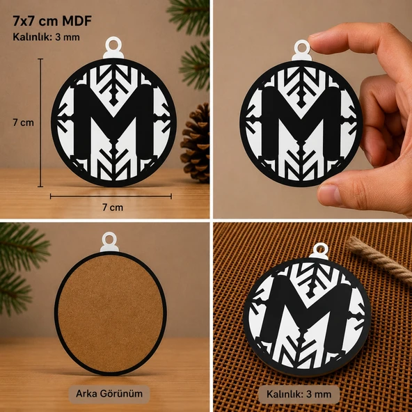 M Harf Yılbaşı Süsü – MDF Çam Ağacı Desenli Asılabilir Dekor (7x7 cm) ürün görseli 1