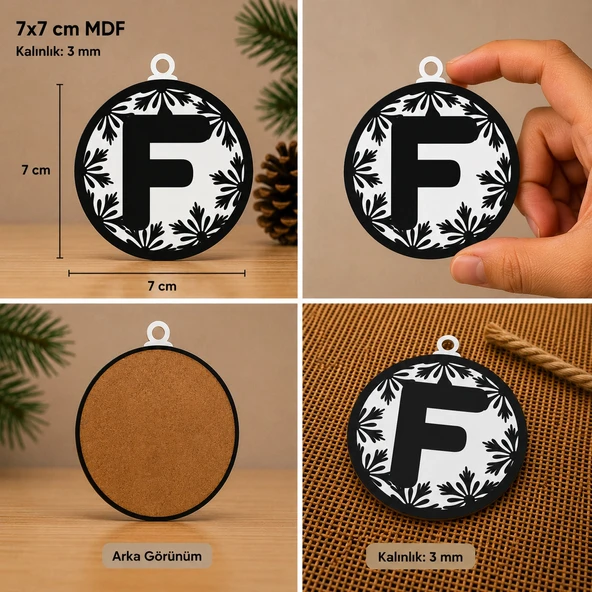 F Harf Yılbaşı Süsü – MDF Çam Ağacı Desenli Asılabilir Dekor (7x7 cm) ürün görseli 1