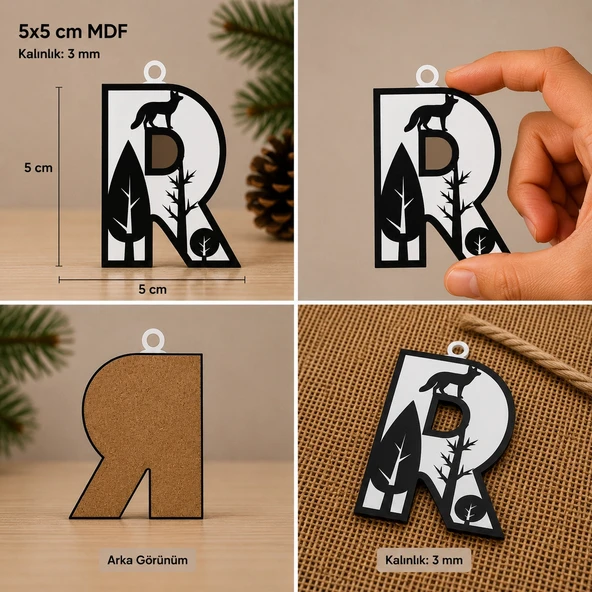 R Harf Yılbaşı Süsü – MDF Çam Ağacı Desenli Asılabilir Dekor (5x5 cm) ürün görseli 1
