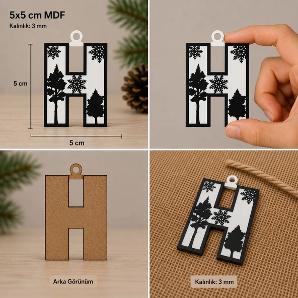 H Harf Yılbaşı Süsü – MDF Çam Ağacı Desenli Asılabilir Dekor (5x5 cm) ürün görseli 1
