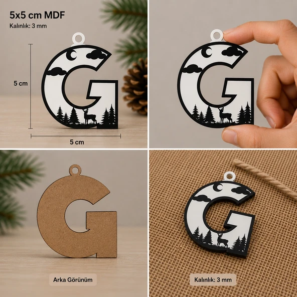 G Harf Yılbaşı Süsü – MDF Çam Ağacı Desenli Asılabilir Dekor (5x5 cm) ürün görseli 1