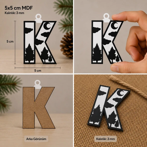 K Harf Yılbaşı Süsü – MDF Çam Ağacı Desenli Asılabilir Dekor (5x5 cm) ürün görseli 1