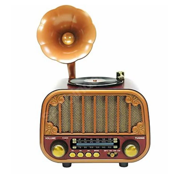Retro Gramofon Tasarımlı Nostaljik Radyo ve Bluetooth Hoparlör ürün görseli 1