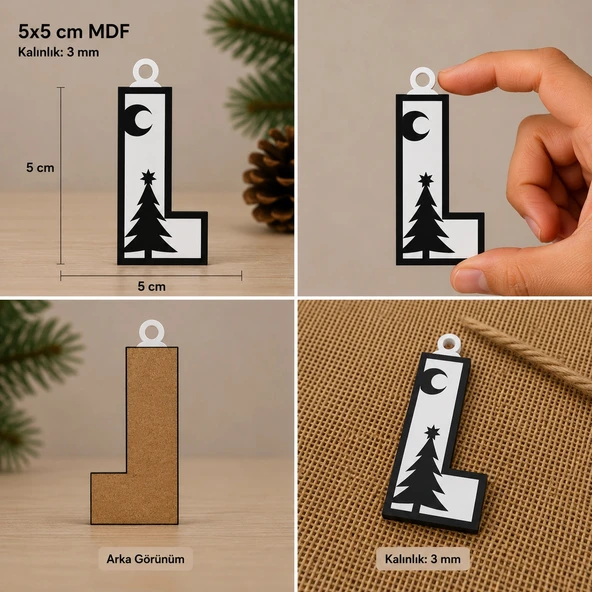 L Harf Yılbaşı Süsü – MDF Çam Ağacı Desenli Asılabilir Dekor (5x5 cm) ürün görseli 1