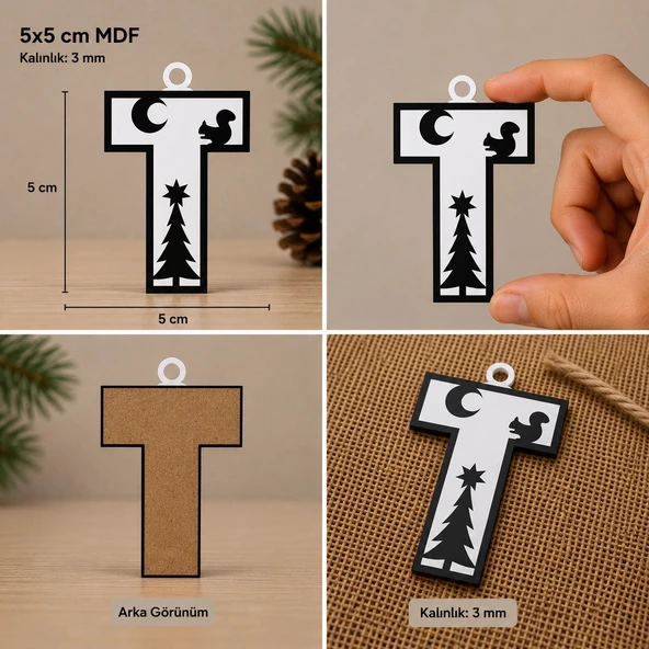 T Harf Yılbaşı Süsü – MDF Çam Ağacı Desenli Asılabilir Dekor (5x5 cm) ürün görseli 1