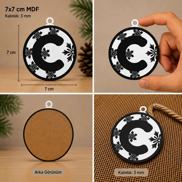 C Harf Yılbaşı Süsü – MDF Çam Ağacı Desenli Asılabilir Dekor (7x7 cm) ürün görseli 1