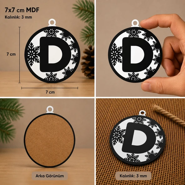 D Harf Yılbaşı Süsü – MDF Çam Ağacı Desenli Asılabilir Dekor (7x7 cm) ürün görseli 1