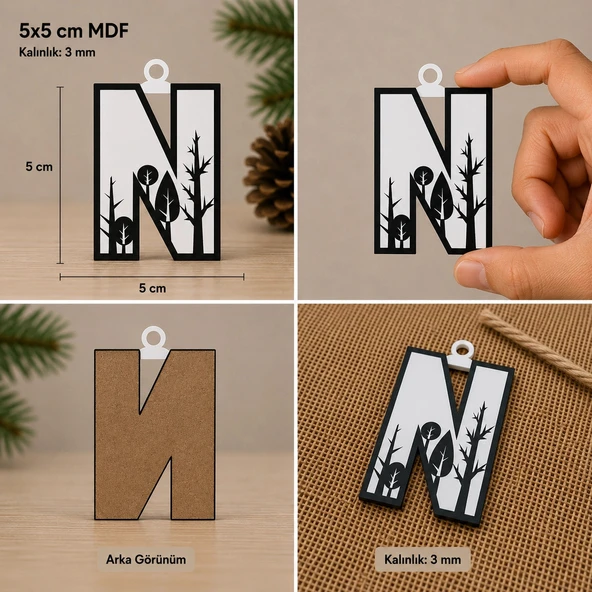 N Harf Yılbaşı Süsü – MDF Çam Ağacı Desenli Asılabilir Dekor (5x5 cm) ürün görseli 1