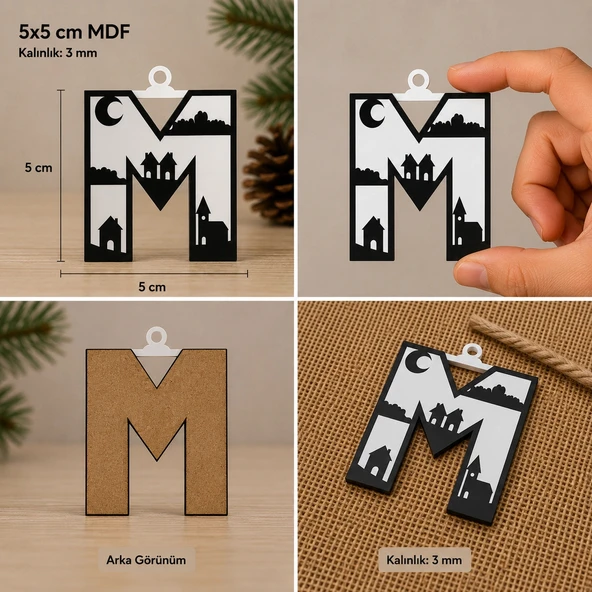 M Harf Yılbaşı Süsü – MDF Çam Ağacı Desenli Asılabilir Dekor (5x5 cm) ürün görseli 1