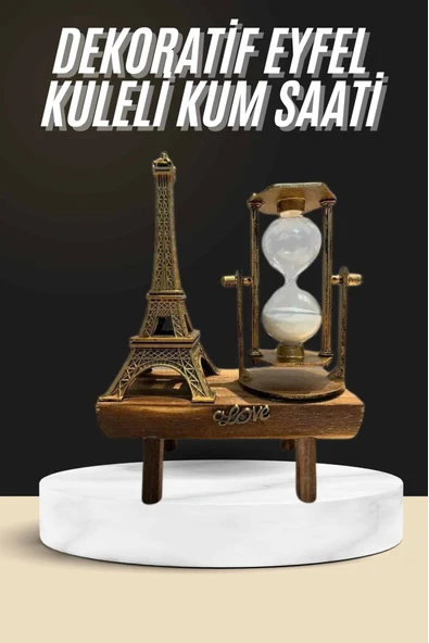 Retro Eyfel Kulesi Ve Kum Saati Dekoratif Ahşap Görünümlü Masa Biblosu ürün görseli 1