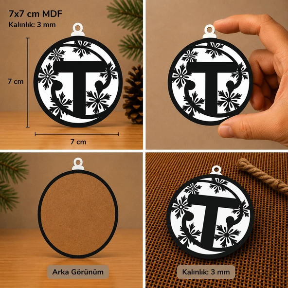 T Harf Yılbaşı Süsü – MDF Çam Ağacı Desenli Asılabilir Dekor (7x7 cm) ürün görseli 1