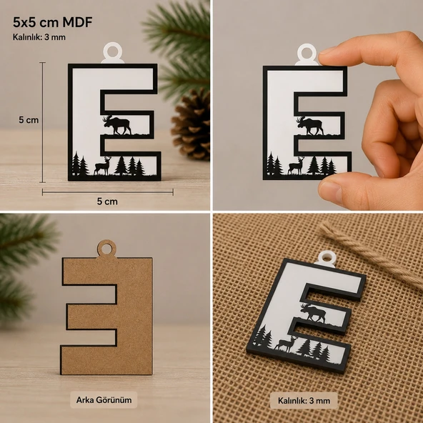 E Harf Yılbaşı Süsü – MDF Çam Ağacı Desenli Asılabilir Dekor (5x5 cm) ürün görseli 1