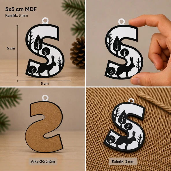 S Harf Yılbaşı Süsü – MDF Çam Ağacı Desenli Asılabilir Dekor (5x5 cm) ürün görseli 1