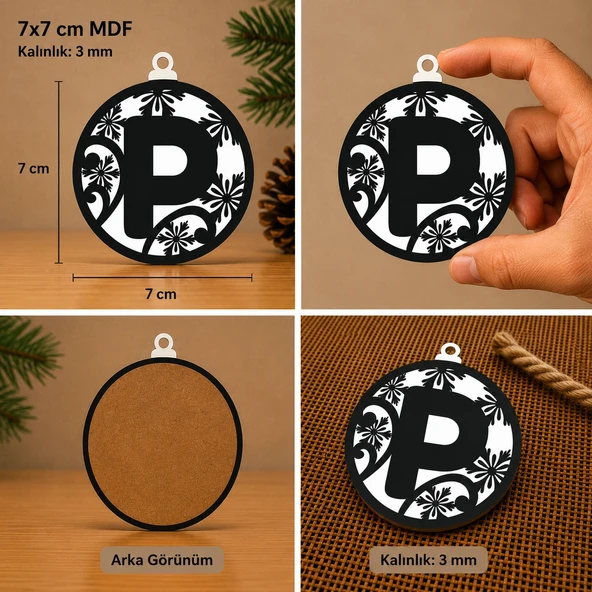 P Harf Yılbaşı Süsü – MDF Çam Ağacı Desenli Asılabilir Dekor (7x7 cm) ürün görseli 1