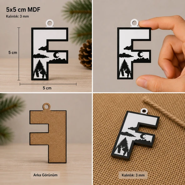 F Harf Yılbaşı Süsü – MDF Çam Ağacı Desenli Asılabilir Dekor (5x5 cm) ürün görseli 1