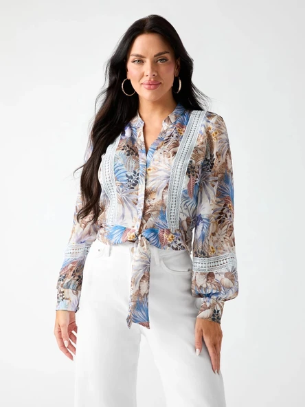 Guess Uzun Kollu Zahara Önden Bağlamalı Kadın Gömlek  W6YH42W3097-PMRX ürün görseli 1