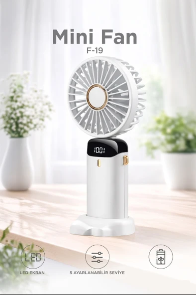 Şarjlı Masaüstü Vantilatör Dijital Göstergeli 90 Derece Katlanabilir Mini Fan F19 ürün görseli 1