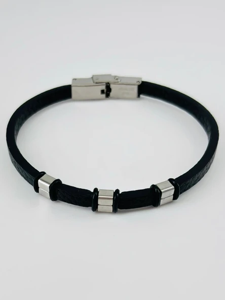 Siyah Deri / Çelik Erkek Deri Bileklik 20 Cm - Ebl0096 ürün görseli 1